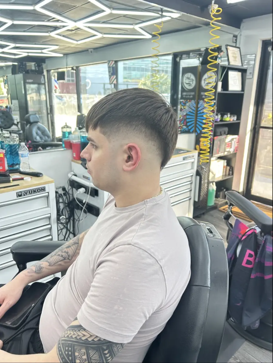 Taper fade with fringe, side view